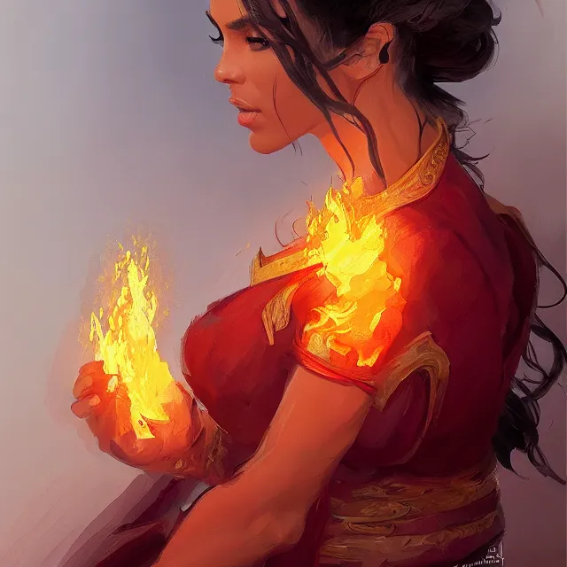 Image similar to Kim Kardashain as a firebender, portrait, elegant, intricate, digital painting, artstation, concept art, smooth, sharp focus, illustration, art by konstantin korovin and Daniel F. Gerhartz and john howe