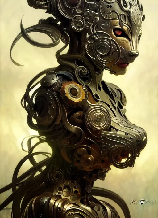 Image similar to organic cyborg, wolf mask opening, diffuse lighting, fantasy, intricate, elegant, highly detailed, lifelike, photorealistic, digital painting, artstation, illustration, concept art, smooth, sharp focus, art by John Collier and Albert Aublet and Krenz Cushart and Artem Demura and Alphonse Mucha