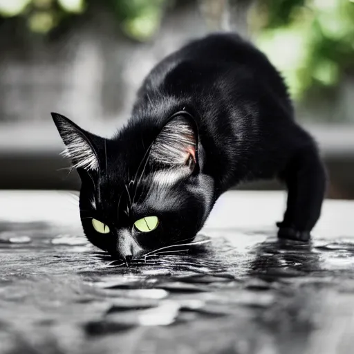 Prompt: photo of a black cat drinking water