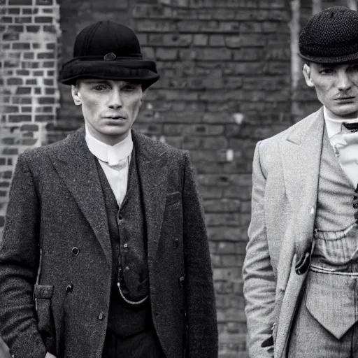 Prompt: a scene from peaky blinders, medium long shot, 3 / 4 shot, full body picture of cillian murphy and tom hardy, sharp eyes, serious expressions, detailed and symmetric faces, black and white, epic photo by talented photographer ansel adams
