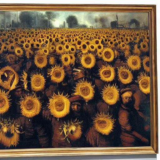 Prompt: Horde of sunflowers in a revolutionary uprising against Kreml, oil painting by Rembrandt