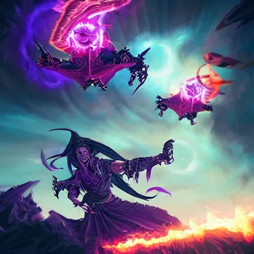 Prompt: flying skulls with violet fire trails, two fangs, violet theme, epic fantasy digital art style, fantasy artwork, by Greg Rutkowski, fantasy hearthstone card art style