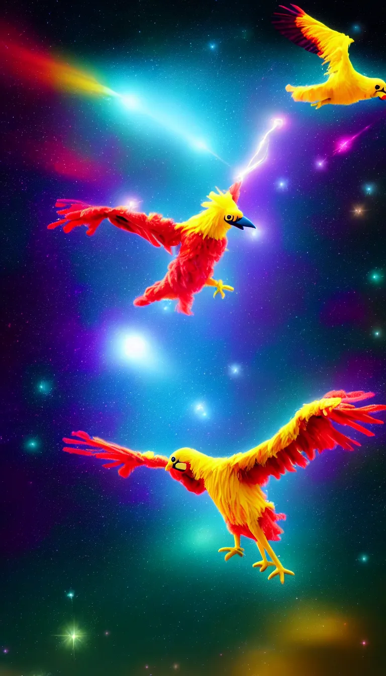 Image similar to highly detailed photo of only one colorful big bird flying in the dark space, all birds head and eye are visible, hyper realistic, concept art, 8 k detail post - processing