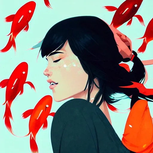 Image similar to a ultradetailed beautiful portrait panting of a stylish woman surrounded by floating koi fish, by conrad roset, greg rutkowski and makoto shinkai, trending on artstation