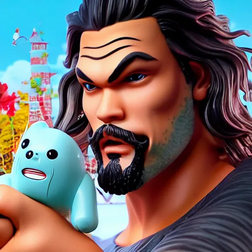 Image similar to Manga cover portrait of an extremely cute and adorable beautiful Jason Momoa playing with Fisher-Price toys, 3d render diorama by Hayao Miyazaki, official Studio Ghibli still, color graflex macro photograph, Pixiv, DAZ Studio 3D