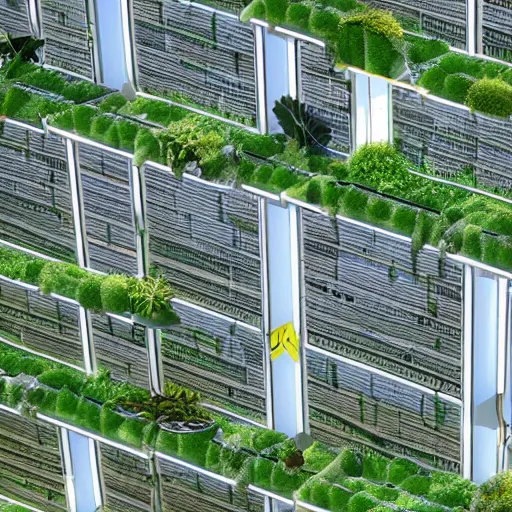 Image similar to future solarpunk city, vertical farming on walls, solar on roof, vegetation everywhere