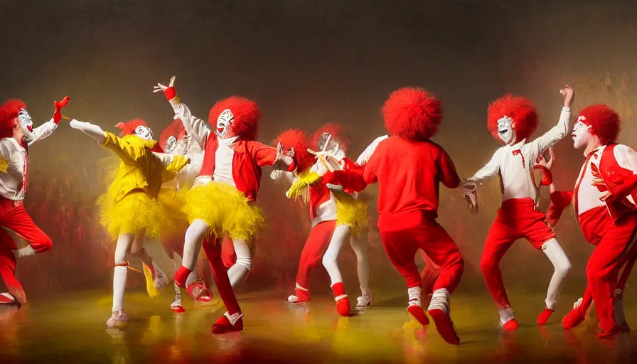 Image similar to highly detailed painting of a group of ronald mcdonalds with red afros, white facepaint, red noses and yellow tracksuits dancing on stage at a school talent show by william turner, by greg rutkowski, by william constable, thick brush strokes and visible paint layers, 4 k resolution