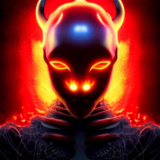 Image similar to portrait of realistic alien with horns. red eyes, human eyes, background flames, sci - fi, tech wear, volumetric lighting, intricate, elegant, highly detailed, digital painting, artstation, concept art, illustration, bokeh, film noir - h 7 0 4