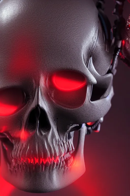 Image similar to closeup shot of a carbon black cyborg, skull, macro shot, dof, cinematic, volumetric lighting, studio shot, octane render, red light, 4 k