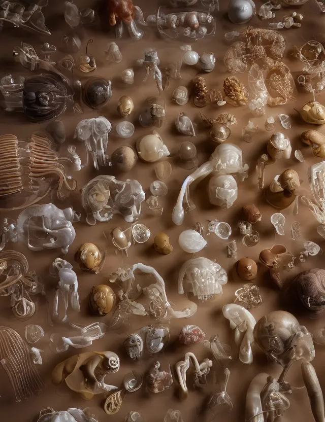 Prompt: a well - lit studio photograph of various earth - toned plastic translucent artificial organs, some wrinkled, some long, various sizes, textures, and transparencies, beautiful, smooth, detailed, intricate internal anatomy model