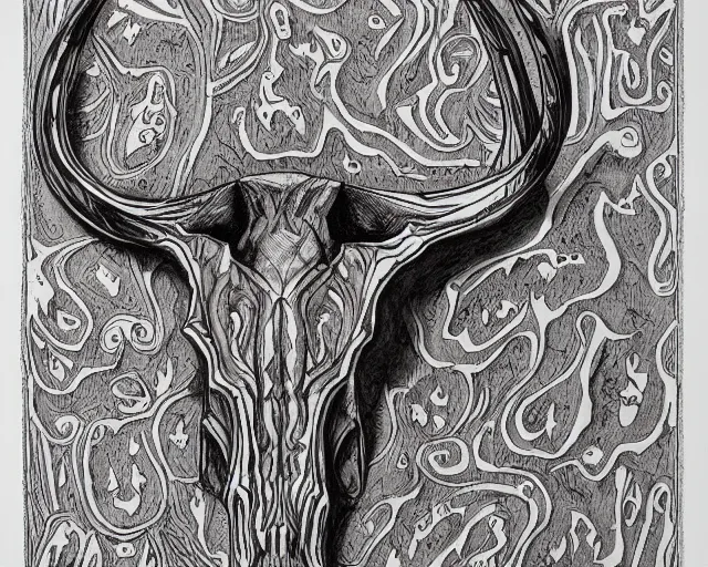 Image similar to Longhorn Skull, skull bone carved with patterns, wild wild west, tritone, mixed media, fine linework, pen and ink, symmetry