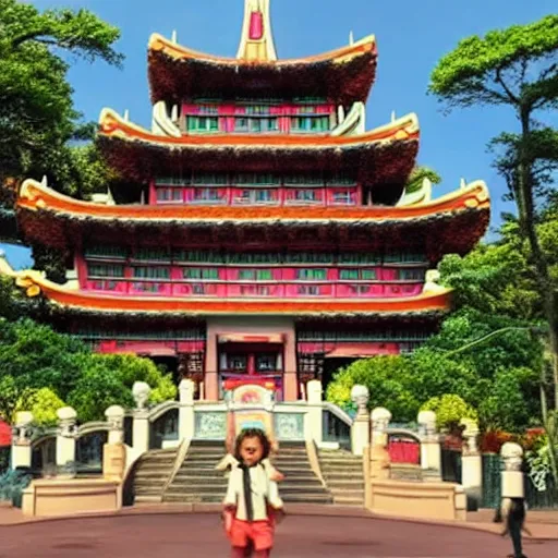 Image similar to Movie frame from the coloured Disney animated motion picture released in 1949, beautiful half built building in Taiwan forest full of