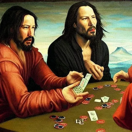 Image similar to a renaissance painting of keanu reeves playing poker with aliens. Dark, average quality, realistic faces, lonely