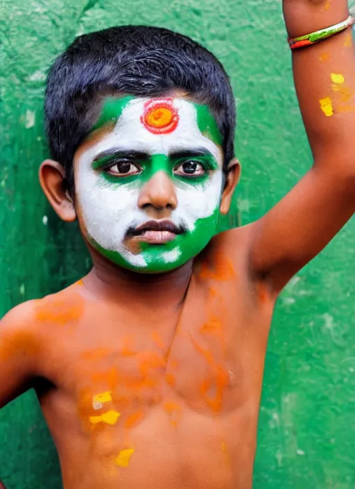 Image similar to a young indian boy with saffron white and green stripes painted on his face, indian flag, chakra in the center