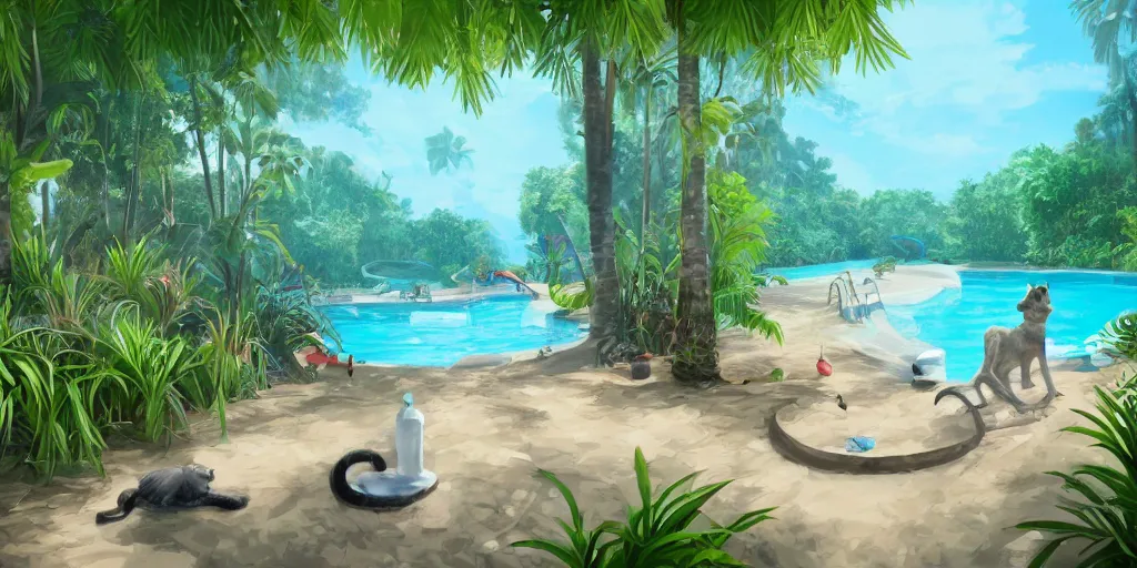 Image similar to swimming pool in the middle of the jungle a 'cat and a dog superdetailed' , empty beach chair , highly detailed, digital painting, artstation, concept art