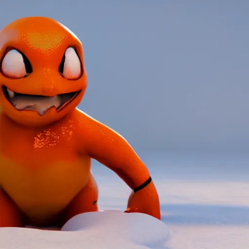 Image similar to charmander snowman, concept art, octane render, unreal engine 5, highly detailed, high quality, 8 k, soft lighting, realistic face, path traced