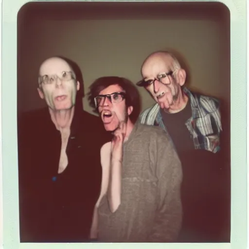 Prompt: found polaroid photo of trash humpers in a hotel room getting wild