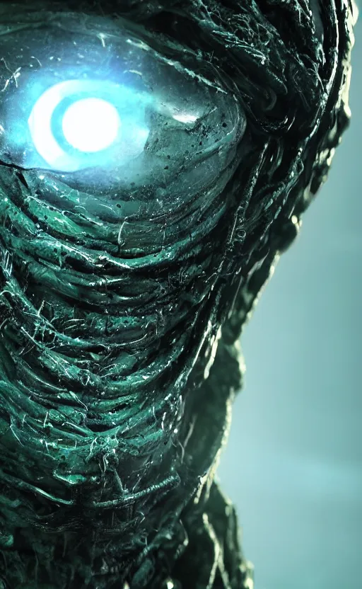 Prompt: a close up sci fi horror quarter - length portrait of slime robot reptile eyes fused into massive slime wires and covered in slime, cinematic lighting, smooth, high detail, glowing eyes, studio quality, highly detailed, centered, octane render, by alexandros pyromallis, fog volumes, metal panels, greeble detail, frank frazetta, cgsociety