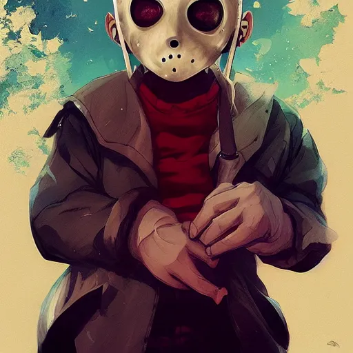 Image similar to cute little boy anime character inspired by jason voorhees art by rossdraws, wlop, ilya kuvshinov, artgem lau, sakimichan and makoto shinkai, anatomically correct, extremely coherent, highly detailed, sharp focus, slasher movies, smooth, red lighting, very realistic, symmetrical h 5 7 6