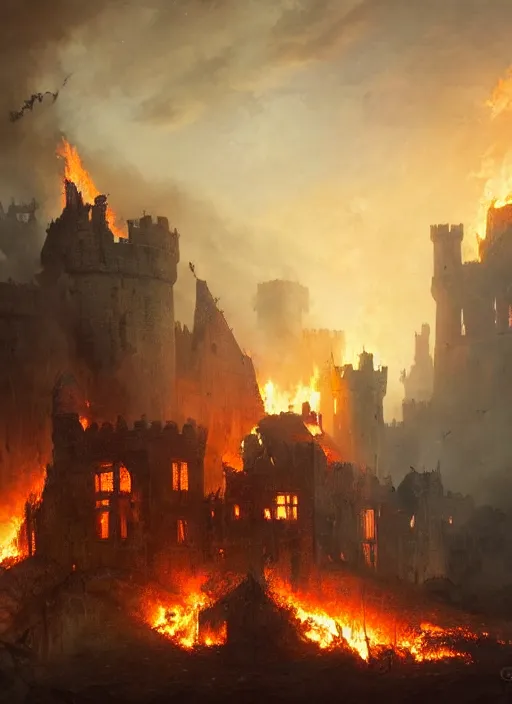 Image similar to a medieval castle burns, epic atmosphere, by greg rutkowski, nature by asher brown durand, composition by yoshitaka amano