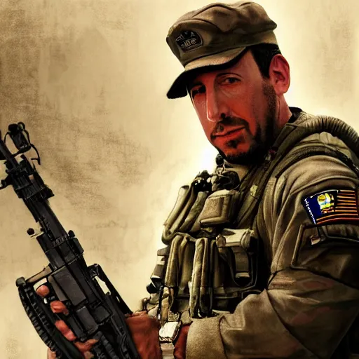 Image similar to Adam Sandler as a navy SEAL, high resolution fantasy concept art, intricate details, soft lighting