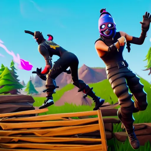 Image similar to Epic photo of fortnite ninja epic Duo Stunt trick with Johnny Blazed jumping 10 fortnite battle buses