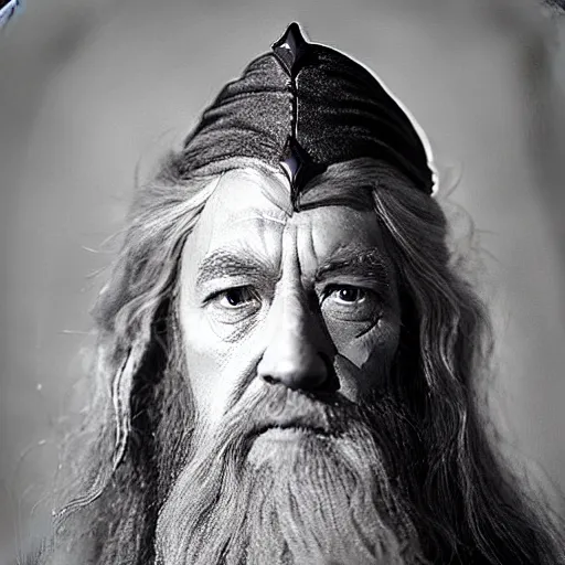 Image similar to a still from “ lord of the rings ” of a head and shoulders portrait of gandalf played by fei lung without beard, photo by phil noto
