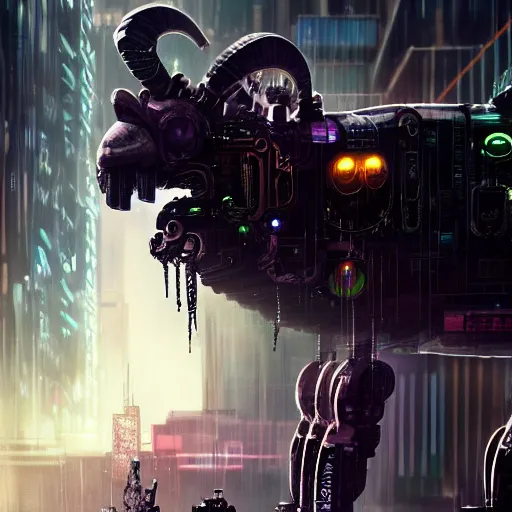 Image similar to ram sheep robot in a cyberpunk city, intricate, sinister, futuristic, ultra realistic, hyper detailed, cinematic, digital art, artstation, trending,