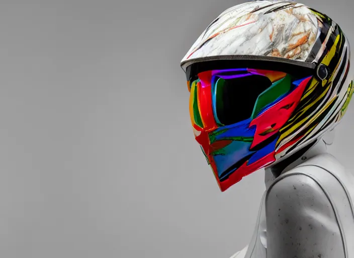 Prompt: beautifully lit photo of a white marble statue of a woman with colorful motocross logos and motorcycle helmet with closed visor, carved marble statue, fine art, in the style of brancusi, virgil abloh, offwhite, denoise, highly detailed