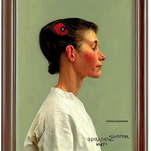 Image similar to Frontal portrait of a mushroom woman. Painting by Norman Rockwell.