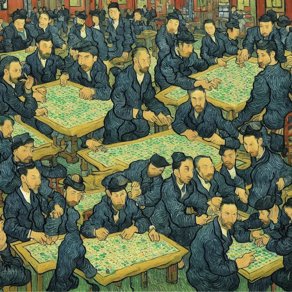 Prompt: van gogh plays mahjong in chengdu, highly detailed