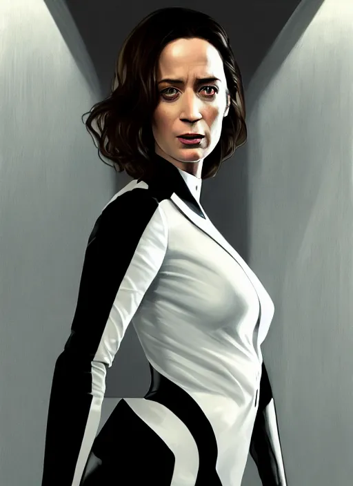 Image similar to portrait of emily blunt with snake eyes as business woman, black suit, white shirt, black tie, intricate, headshot, highly detailed, digital painting, artstation, concept art, sharp focus, cinematic lighting, illustration, art by artgerm and greg rutkowski, alphonse mucha, cgsociety