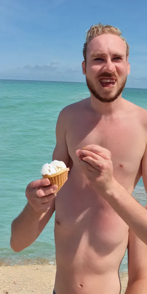 Image similar to a 3 0 year old british man eating ice cream at the beach