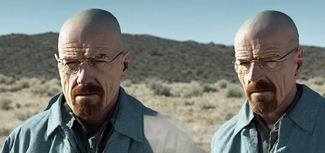 Prompt: cinematic still of scarlett johansson as walter white in breaking bad tv series