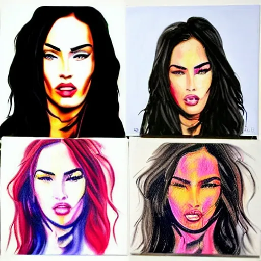 Image similar to “Megan Fox acid paints paintings, ultra detailed portrait, 4k resolution”