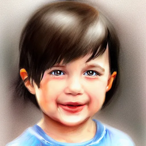 Prompt: a digital portrait of a 3 year old with black hair,hazel green eyes, drawn in the style of mark Arian