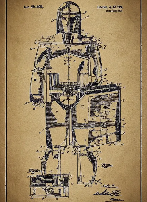 Prompt: vintage patent art for a kenner action figure by leonardo davinci, illustrations, intricate writing, labels, highly detailed