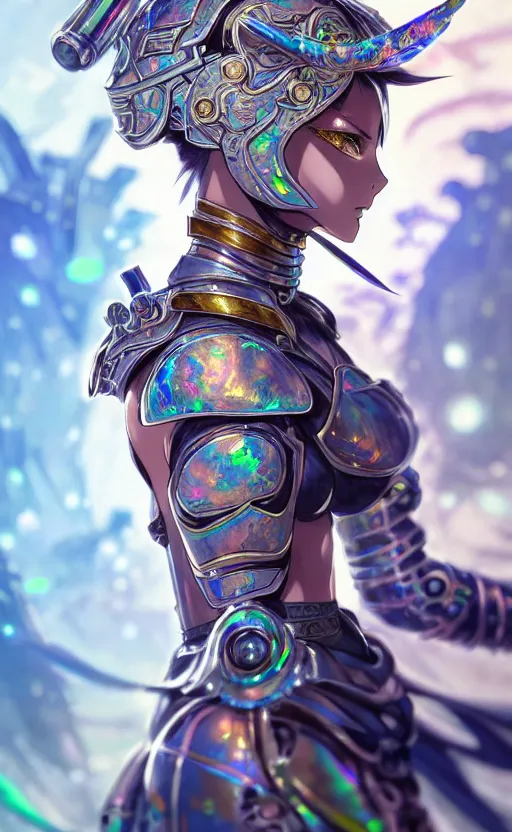 Image similar to anime iridescent opal cyborg shinobi warrior, intricate ornate details, morandi color scheme, hd, illustratio, splash art, fantasy, elegant, highly detailed, wide angle, digital painting, artstation, concept art, smooth, sharp focus, illustration, wallpaper, art by artgerm and greg rutkowski and alphonse mucha and jin xiaodi