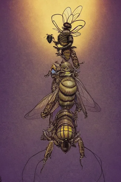 Image similar to bee rider, in the style of Greg Broadmore and Arthur Rackham and Moebius,trending on artstation, light lighting side view,digital art,surrealism ,macro,blueprint ,vaporwave ,