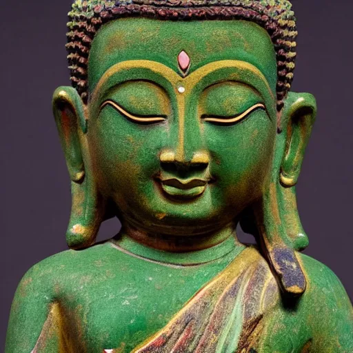 Prompt: tibetan statue of buddha, buddhist statue with glowing green eyes, vines and beautiful flowers cover the sculpture, award-winning, beautiful revealing godrays, HD