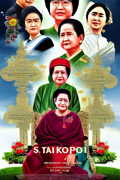 Image similar to poster of saint megawati soekarno putri, uhd, arstation, 1 0 8 0 p, ultra realistic detail, jacqueline e, tafy, bo feng, love hate love