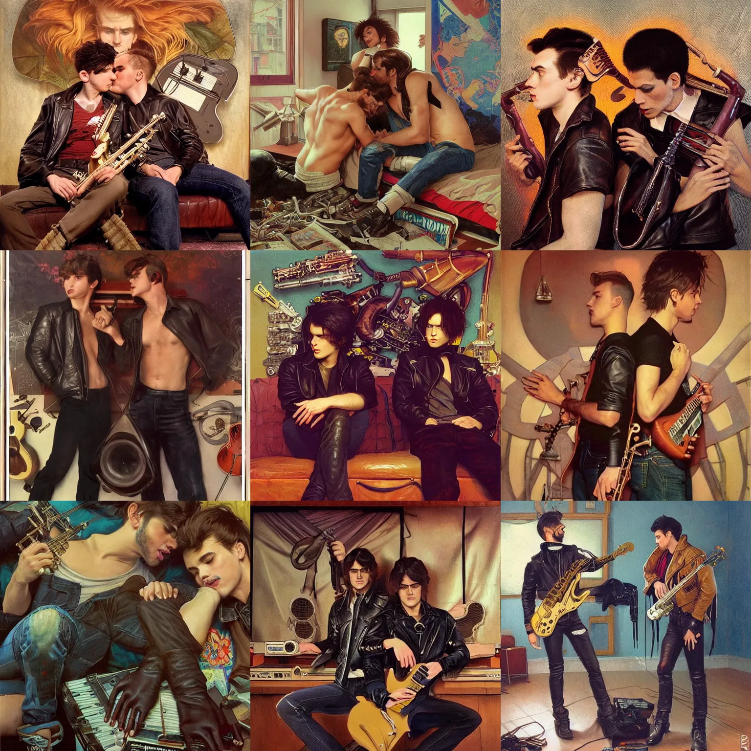 Prompt: two young men wearing all leather kissing in a messy 80s bedroom interior, tons of musical instruments and band posters, hyperrealistic surrealism, award winning masterpiece with incredible details, trending on ArtStation, artgerm and greg rutkowski and alphonse mucha, daily deviation, IAMAG