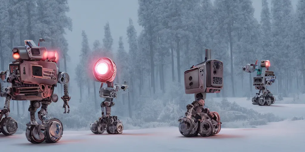 Prompt: all robots are half human, small colorful spotlights in the mamchines, a lot of snow realistic macro photograph of dystopian climate field robots working in Colorado mountains as the earth decays behind them, 8k, unreal 5 engine render, misty, dark, dry, Orwellian, vibrant colors, 25mm film grain Artwork by Simon Stålenhag