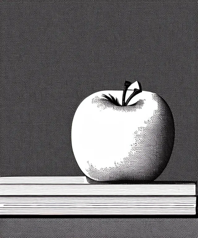 Prompt: an apple on top of a stack of books on a white background, art by piranesi, black ink, black and white, vector, vector art