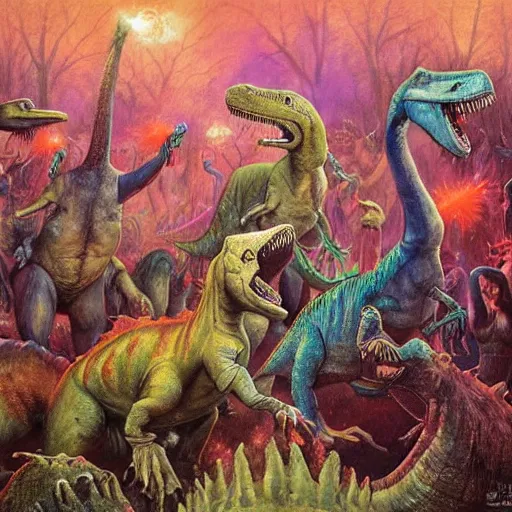 Image similar to A group of dinosaurs dancing in a rave party at ozora festival by Esao Andrews and Karol Bak and Zdzislaw Beksinski