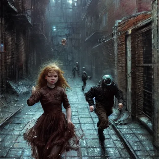 Image similar to sadie sink quickly runs by us | a mechanical monstrosity runs towards us | background : alleyway near decaying tenements. concept art for scifi dystopian film. by nikolay makovsky, bob byerley, wadim kashin, andrea kowch. cinematic moody atmosphere, detailed and intricate, perfect anatomy