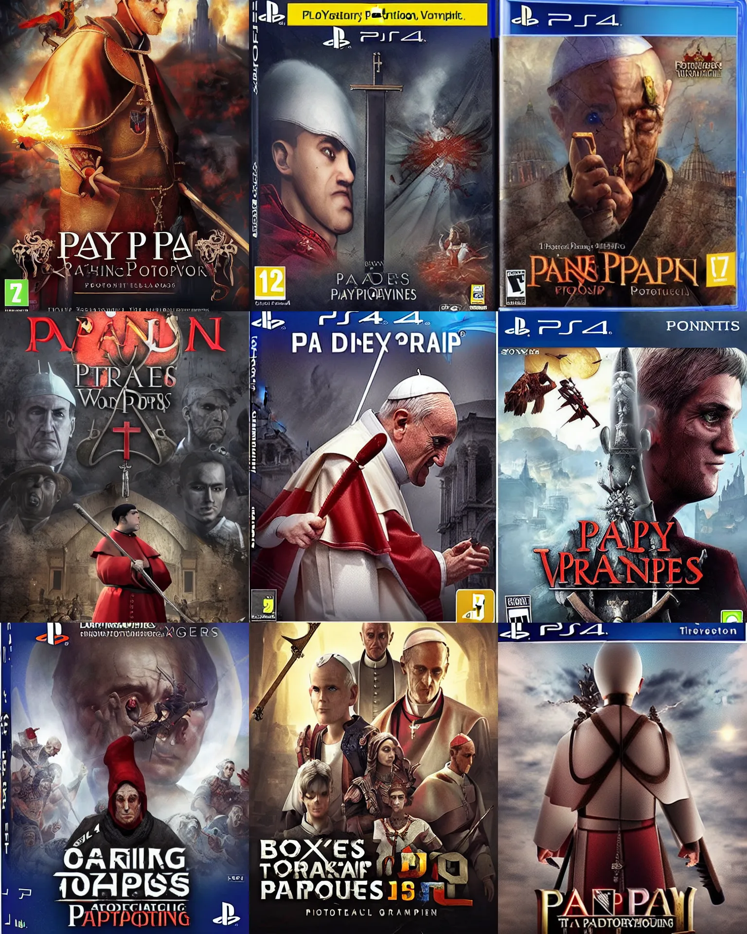 Prompt: box art for a playstation 4 game about the pope fighting vampires, photorealistic