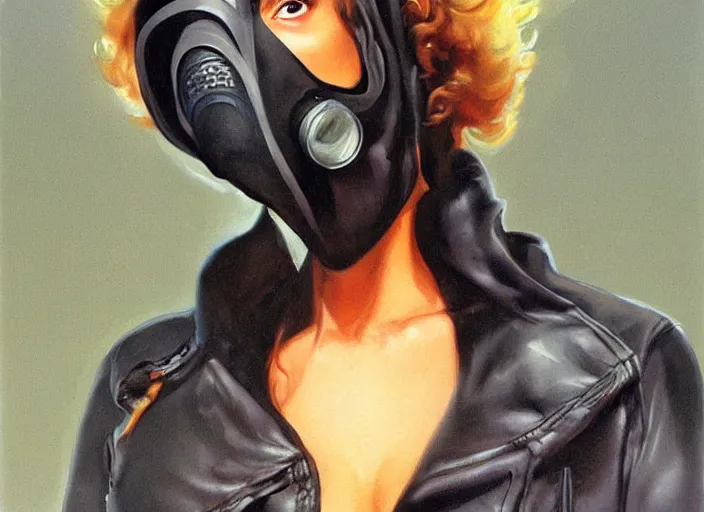 Prompt: a powerful female character, who wears a black, hoodie and jeans. her face is covered in a gas mask. she is walking down the street at night. artwork by boris vallejo.