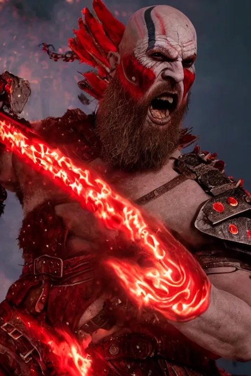 Image similar to red face paint armored screaming kratos rocking out on a flaming stratocaster guitar, cinematic render, god of war 2 0 1 8, playstation studios official media, lightning, flames, left eye red stripe, red left eye stripe, left eye red stripe, red left eye stripe, clear, coherent