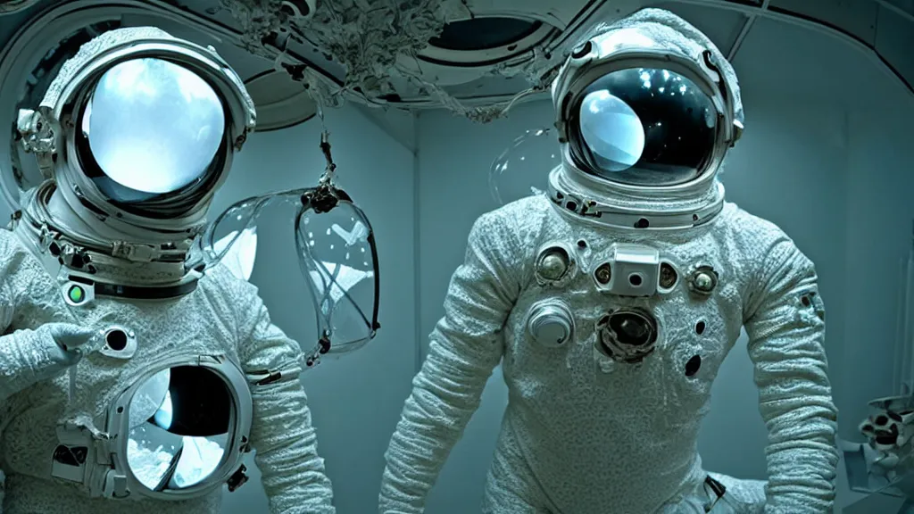 Image similar to a cybernetic symbiosis of a single astronaut eva suit with diamond 3d fractal lace iridescent bubble 3d skin covered with insectoid compound eye camera lenses floats through the living room, film still from the movie directed by Denis Villeneuve with art direction by Salvador Dalí, wide lens,